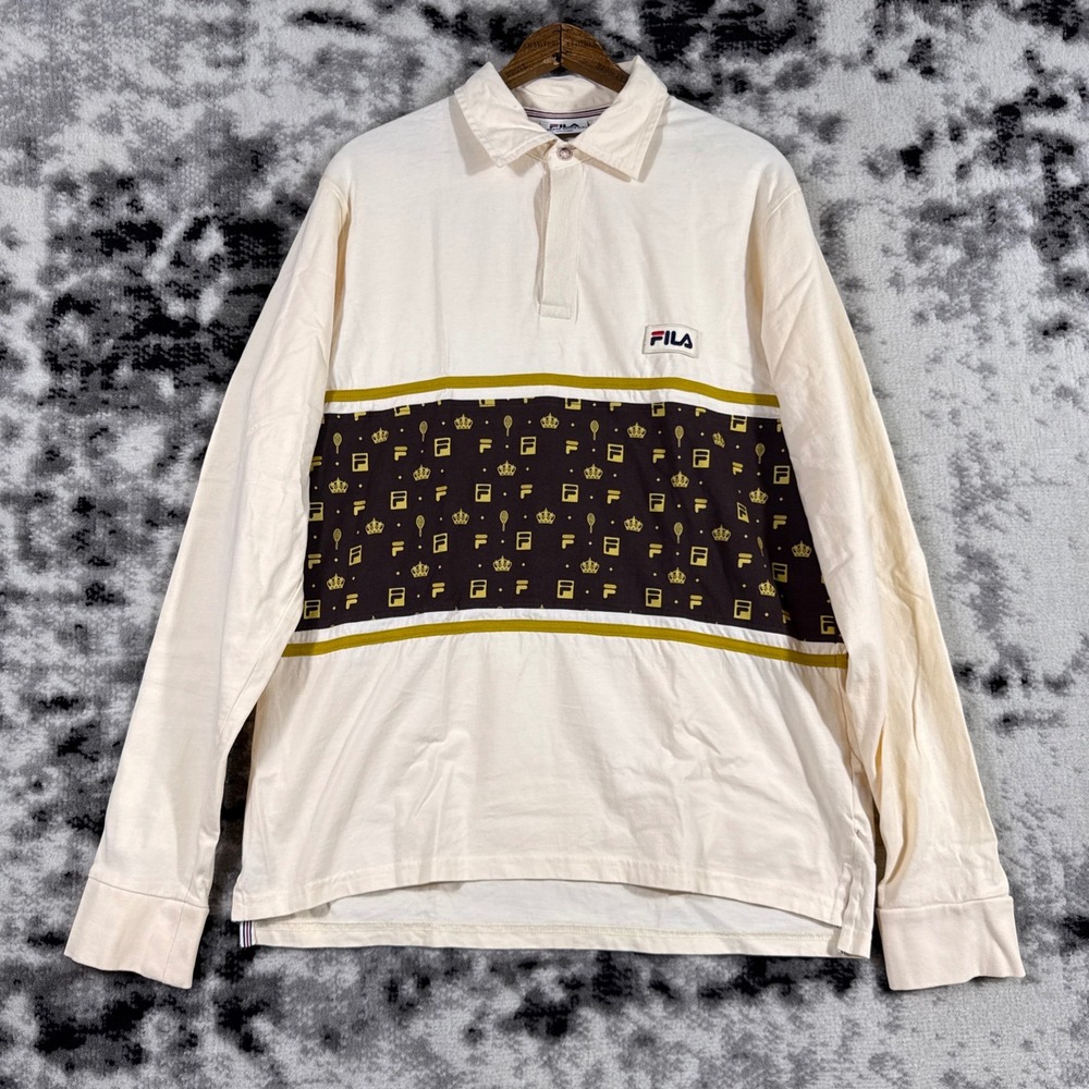 FILA for Urban Outfitters‎ Long Sleeve Rugby Polo Shirt Mens Large Cream Crown